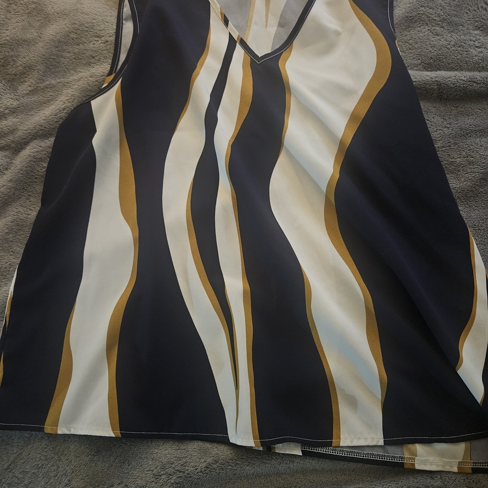 Women's V-Neck Blouse And Pants - Navy Blue, White, and Gold